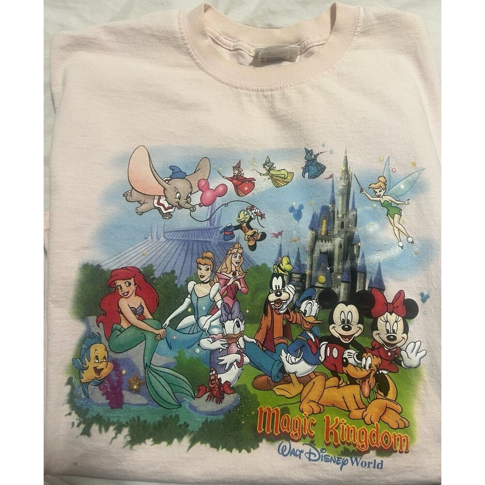 RARE 90s Walt Disney World T-shirt Double Sided Graphics Cotton Lt. Pink USA XL